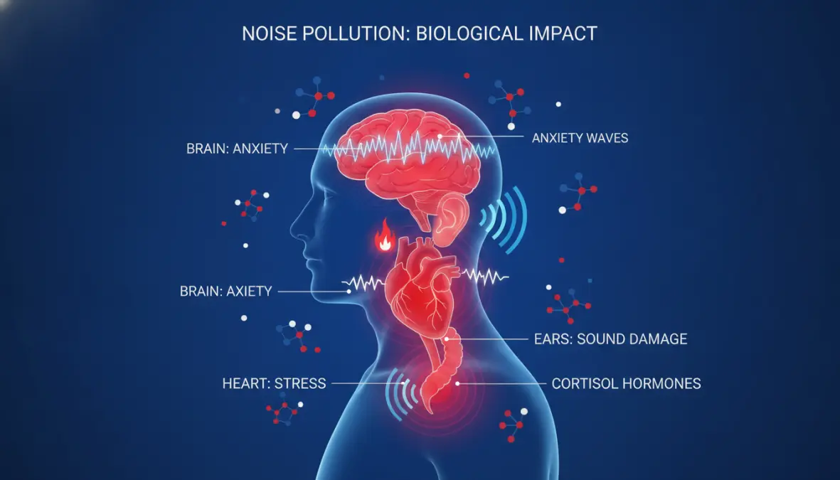 Medical diagram showing health effects of noise pollution on human body systems
