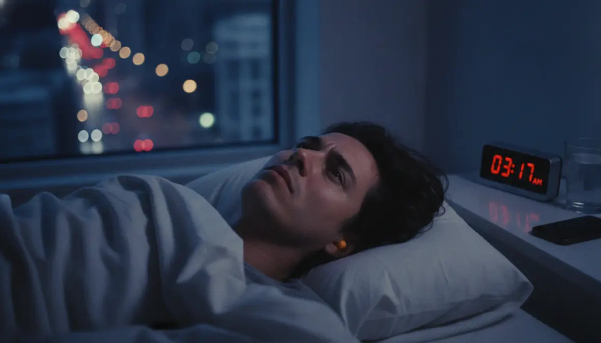 Person experiencing sleep deprivation and disturbance from urban noise pollution at night