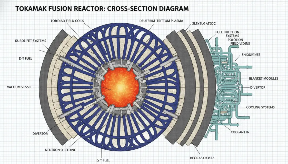 Technical diagram showing how ITER tokamak technology achieves plasma confinement for nuclear fusion energy