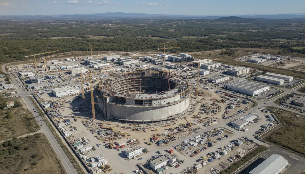 ITER project construction site in France showing world's largest fusion reactor facility for commercial fusion energy development
