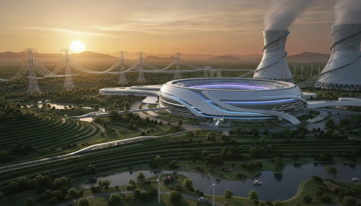 Commercial fusion power plant design showing clean energy fusion reactor facility for future electricity generation