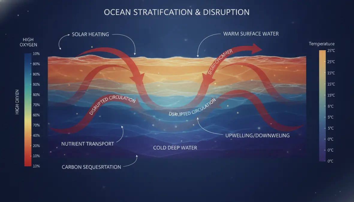 Ocean stratification diagram showing how climate change disrupts ocean circulation patterns and oxygen distribution
