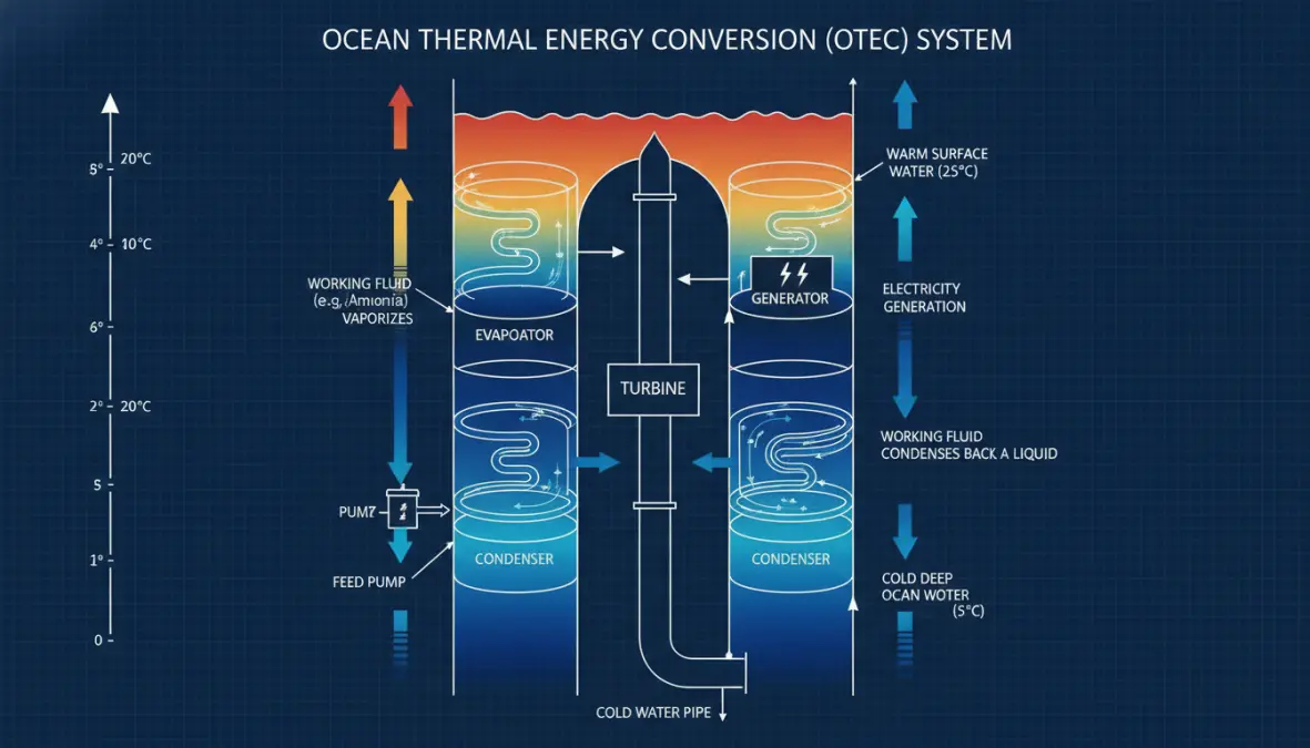 Diagram showing how ocean thermal energy conversion works with temperature gradient and heat exchange process