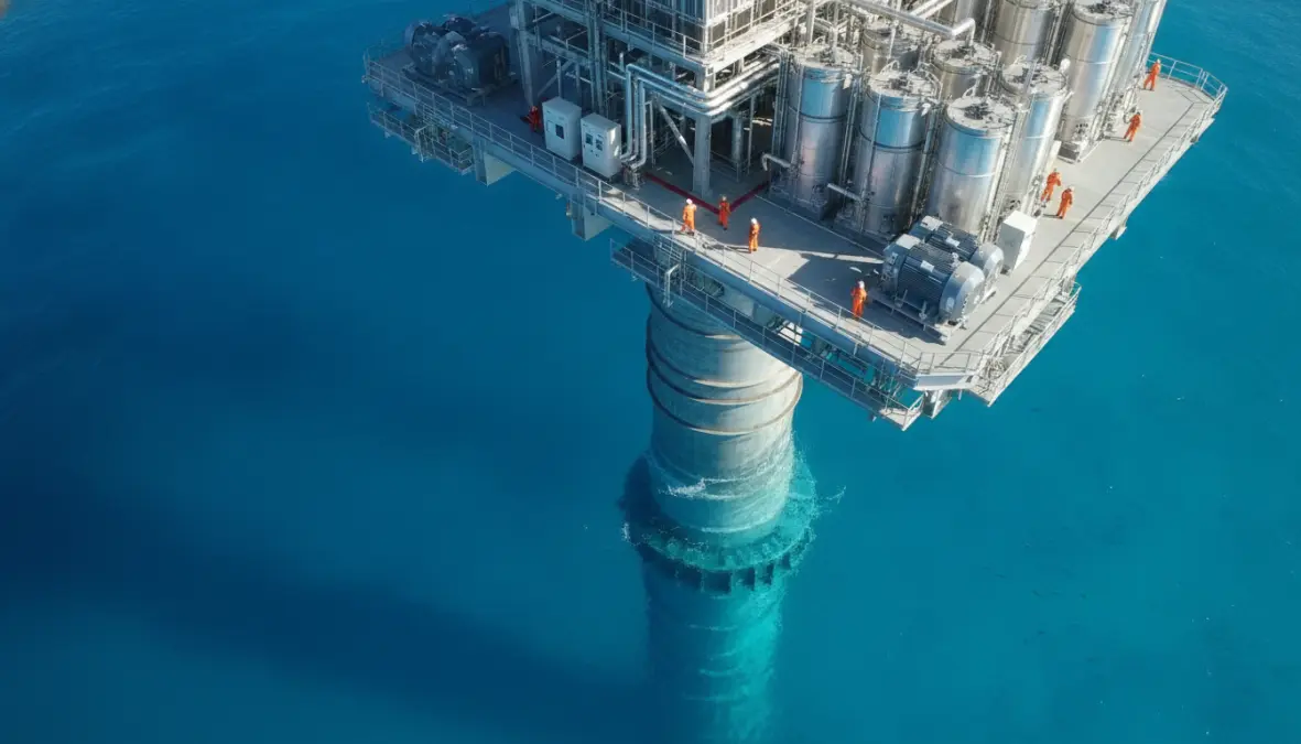 OTEC technology cold water pipe and heat exchanger infrastructure on offshore renewable energy platform