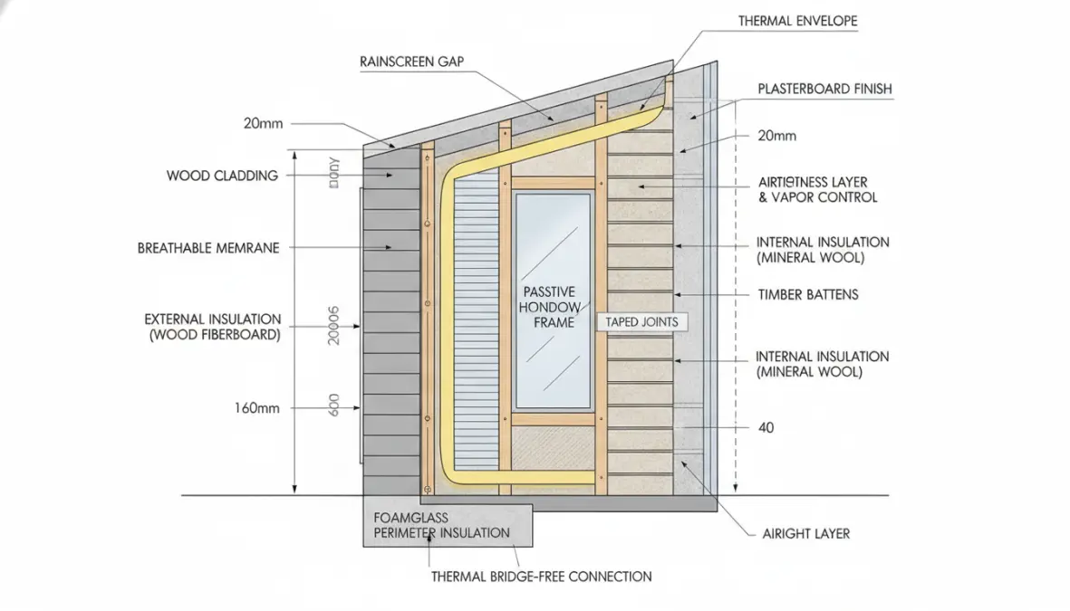 Passive house construction wall assembly showing super insulation layers and airtight construction details