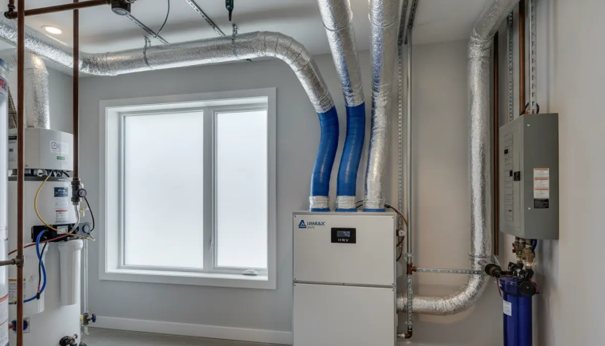 Heat recovery ventilation system used in passive house design for energy efficient air circulation