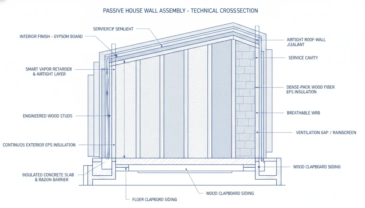 Passive house thermal envelope cross-section showing super insulation and airtight construction layers