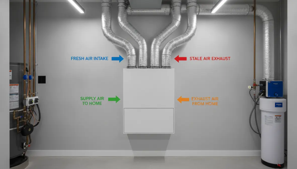 Heat recovery ventilation system for passive house with air flow diagram and ductwork