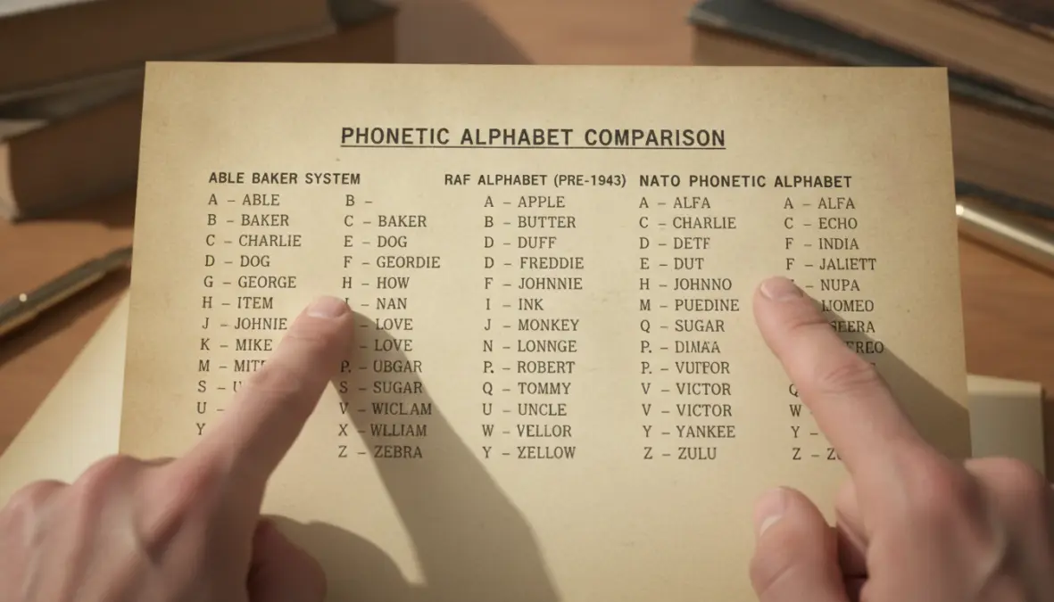 Comparison chart showing evolution of military phonetic alphabets from Able Baker to NATO system
