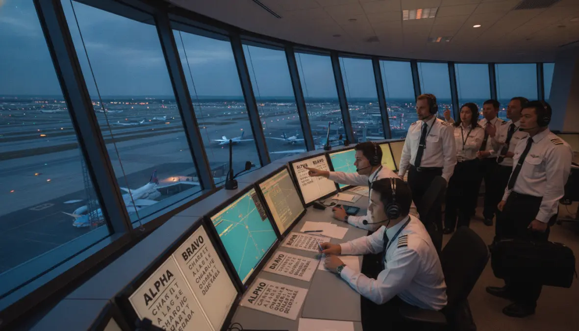 Modern international aviation professionals using NATO phonetic alphabet in air traffic control tower