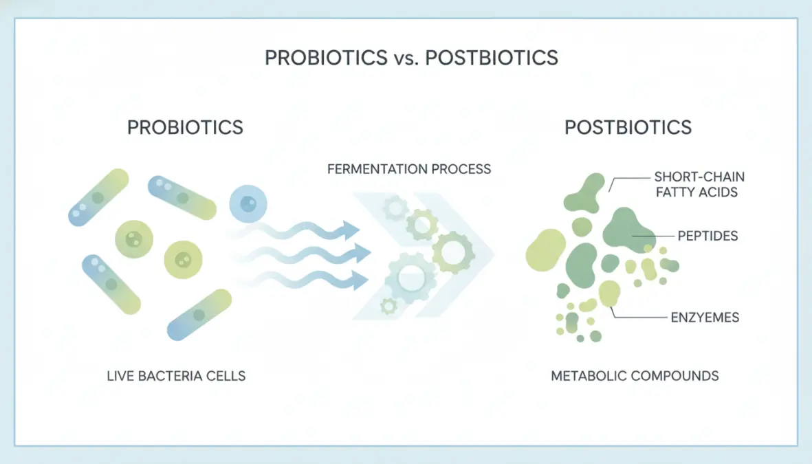 Diagram comparing postbiotics vs probiotics showing bacterial metabolites and fermentation byproducts