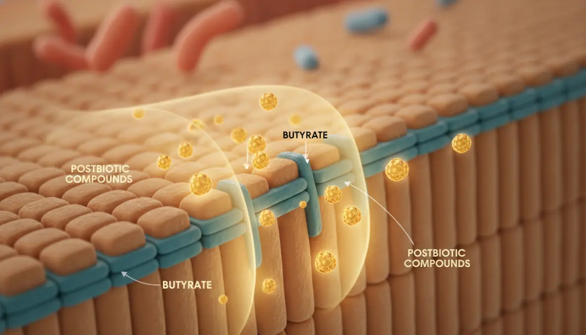 Scientific visualization of postbiotics benefits for gut health and intestinal barrier protection