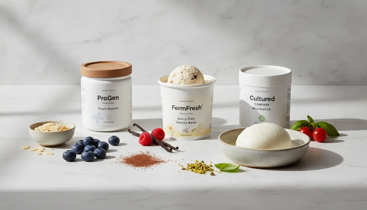 Precision fermentation dairy products including ice cream, protein powder and cheese made without animals