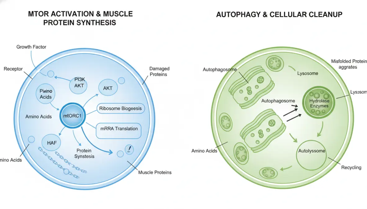 mTOR and autophagy cellular pathways diagram illustrating protein cycling mechanism