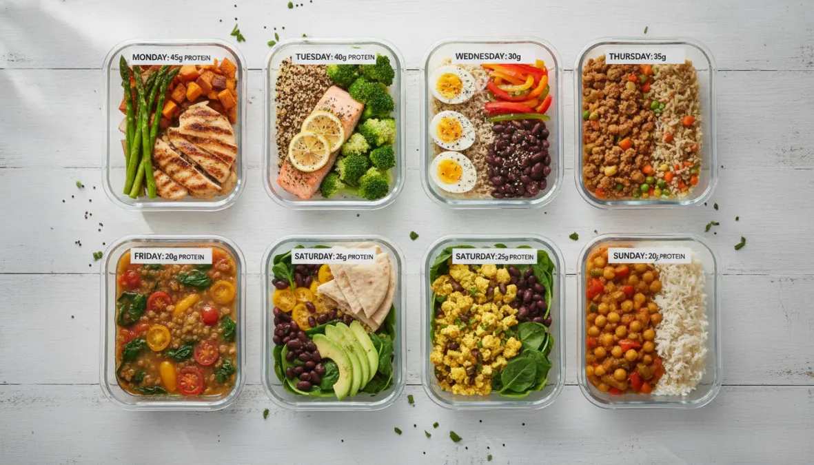 Weekly protein cycling meal prep schedule showing high and low protein day arrangement