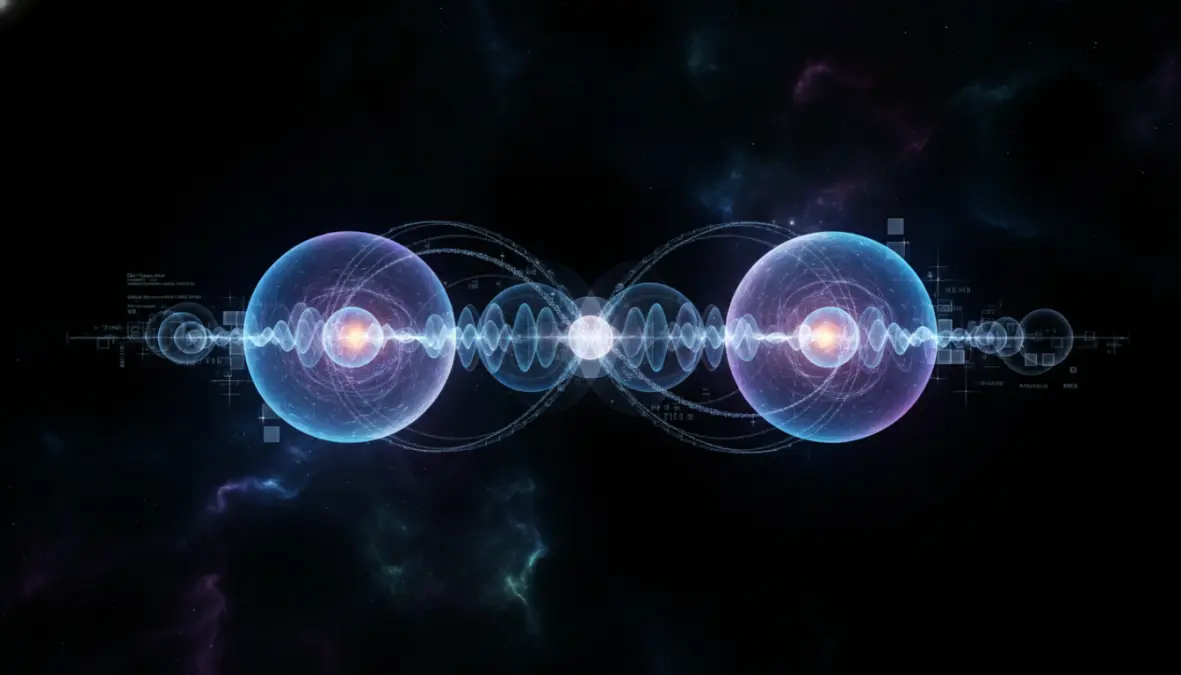 Visual representation of quantum entanglement in sensing showing connected particles and wave patterns