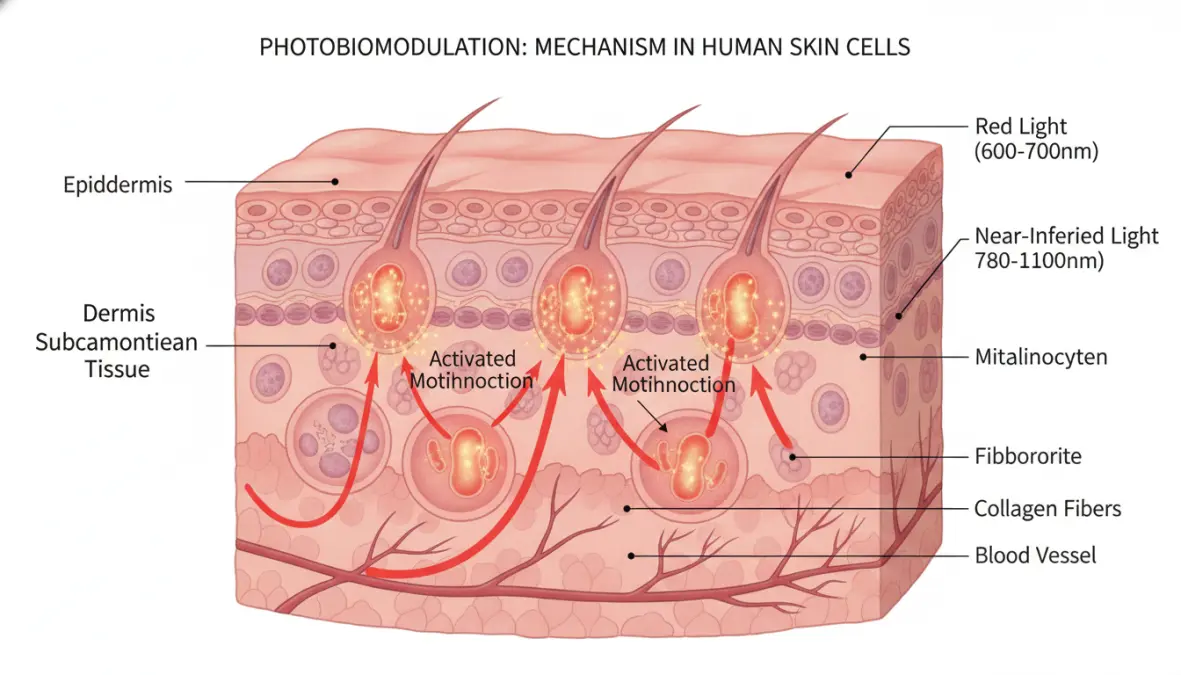 Photobiomodulation mechanism showing red light therapy stimulating mitochondrial function and ATP synthesis in skin cells