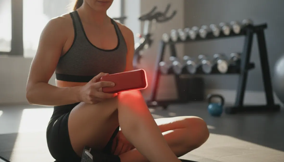 Red light therapy for pain relief and muscle recovery treatment on knee and leg