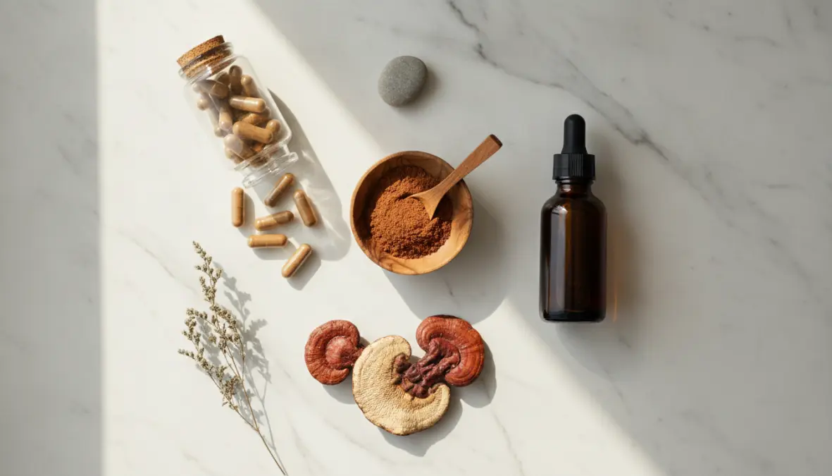 Different forms of reishi mushroom supplements including powder, extract capsules and tincture for sleep