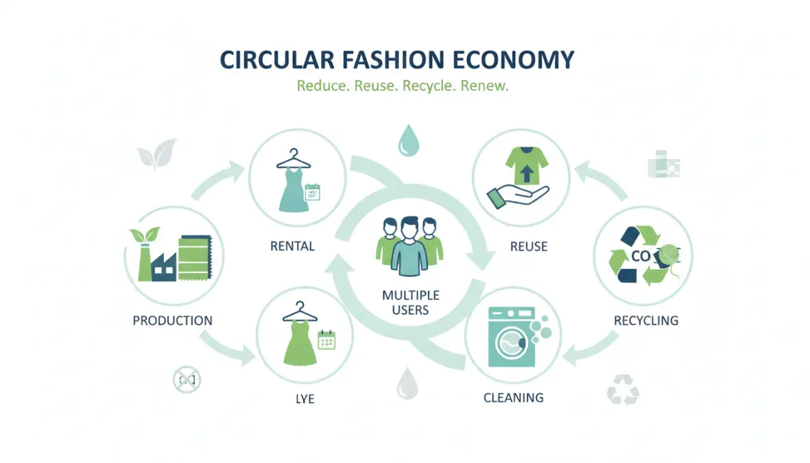 Fashion circular economy diagram showing sustainable clothing rental lifecycle