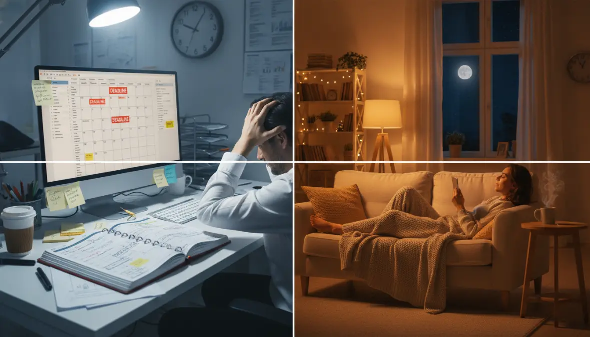 Visual representation of bedtime procrastination showing contrast between stressful daytime and reclaimed nighttime personal time