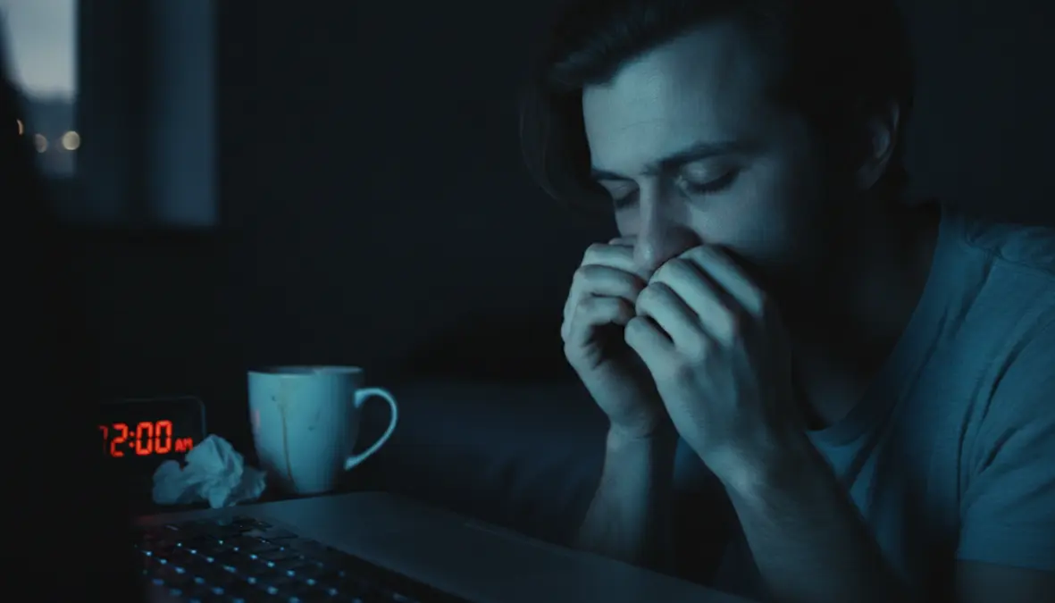 Sleep deprivation habits from revenge bedtime procrastination showing tired person staying up late
