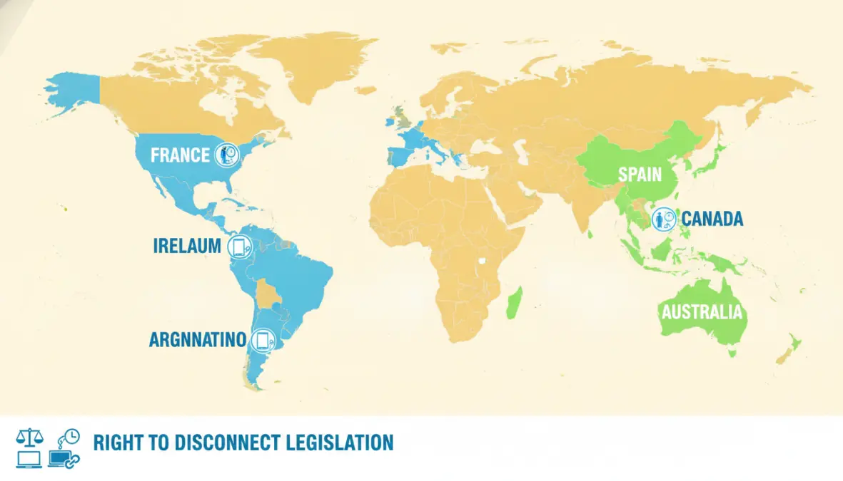 World map showing countries with right to disconnect legislation and after hours work protection laws