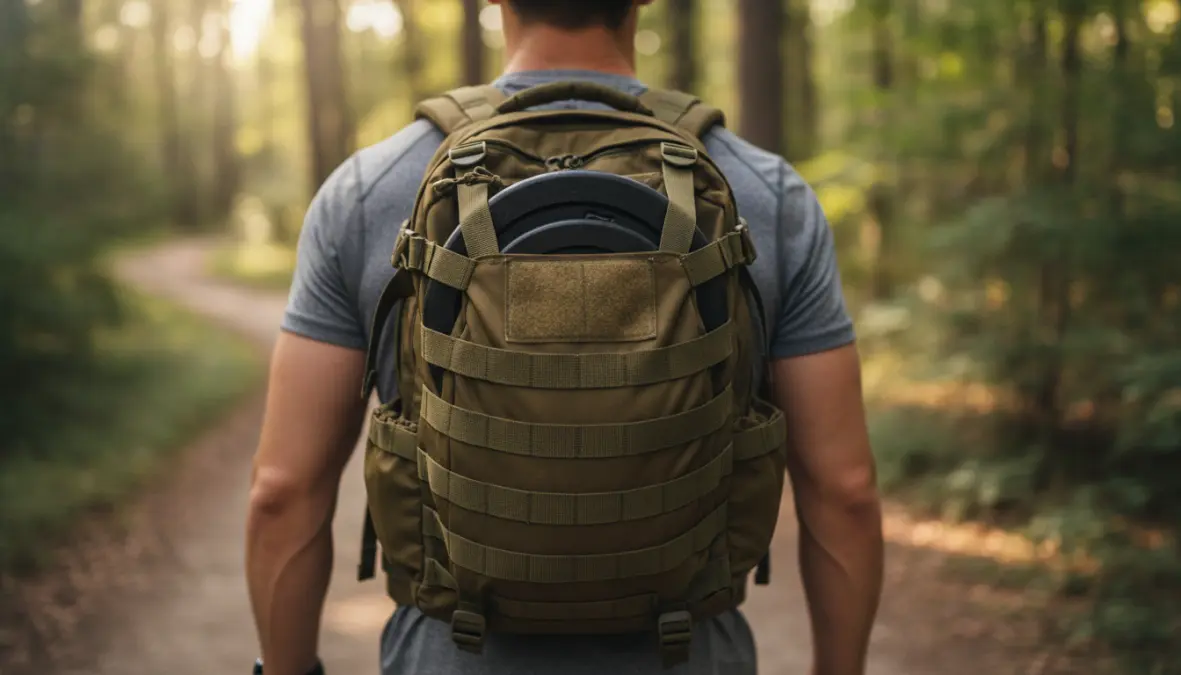 Zaino tattico con pesi per rucking workout, postura corretta durante weighted backpack walking