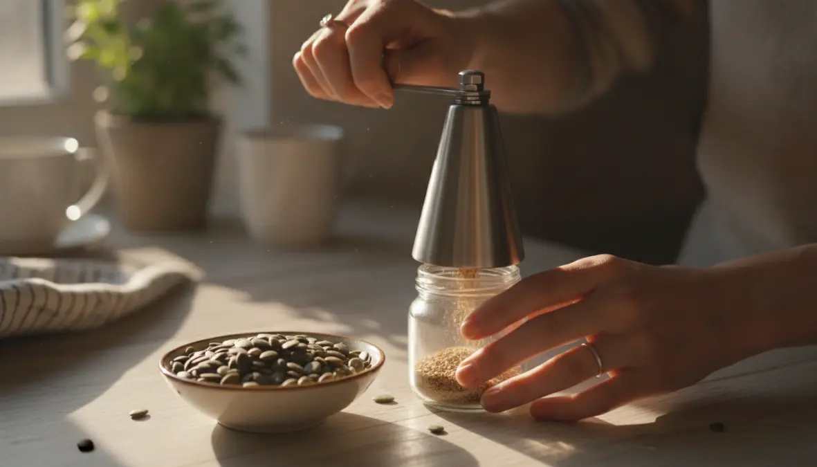 Macinare semi di lino freschi per il protocollo di seed cycling durante la fase follicolare