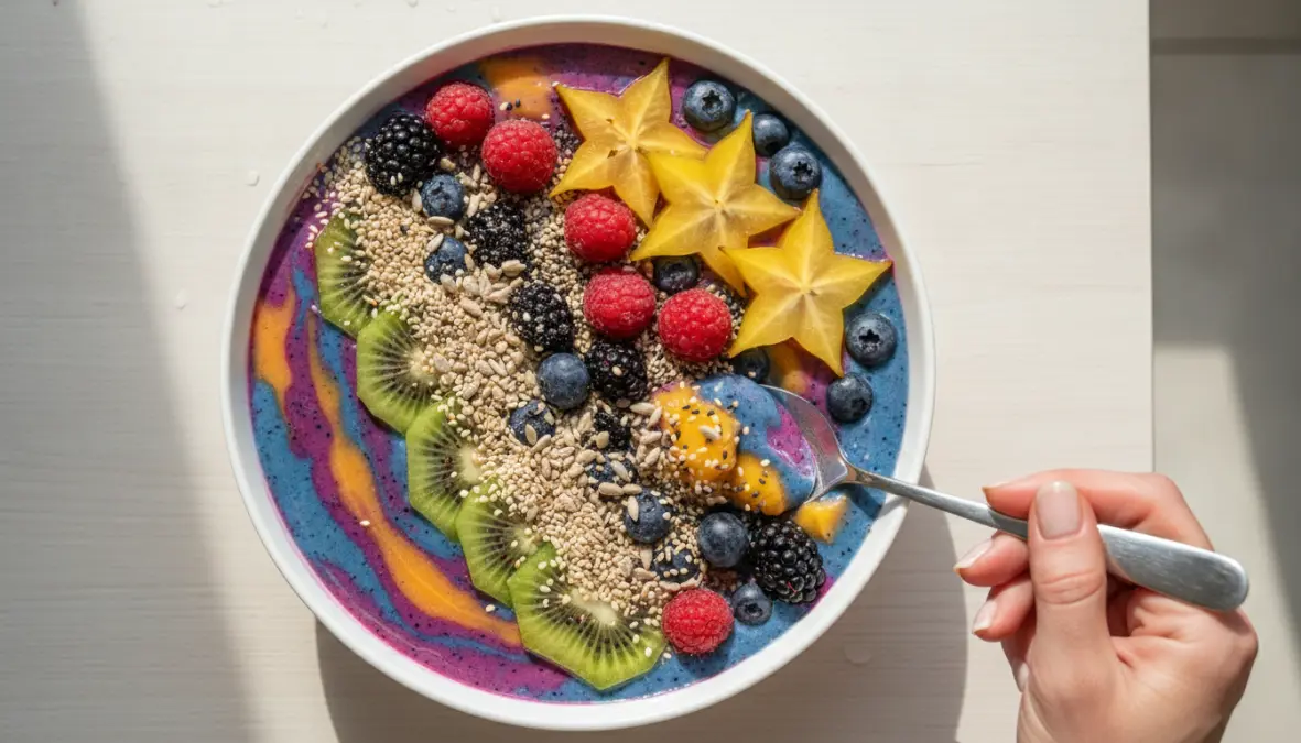 Smoothie bowl con semi di sesamo e girasole per il supporto ormonale durante la fase luteale