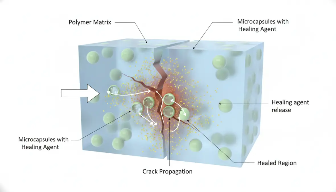 Cross-section diagram of self-healing polymer with microcapsule technology and healing agents