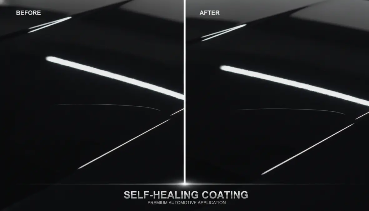 Self-healing polymer coating on automotive surface demonstrating autonomous repair of scratches