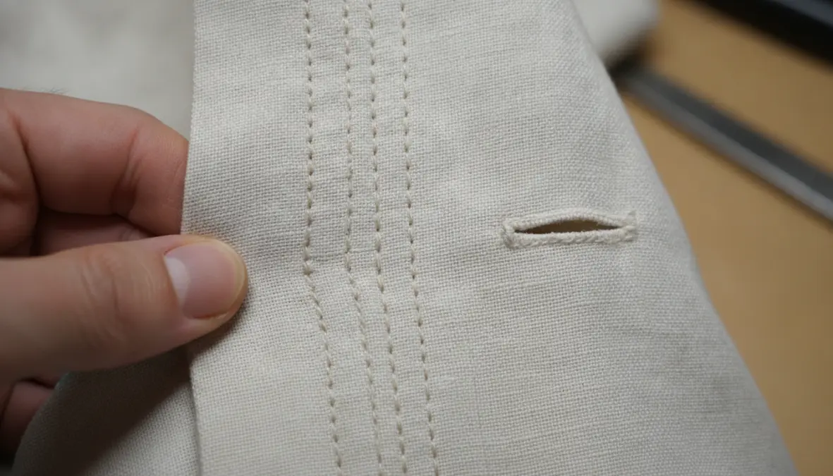 Close-up of quality clothing construction showing durable stitching and natural fiber fabric