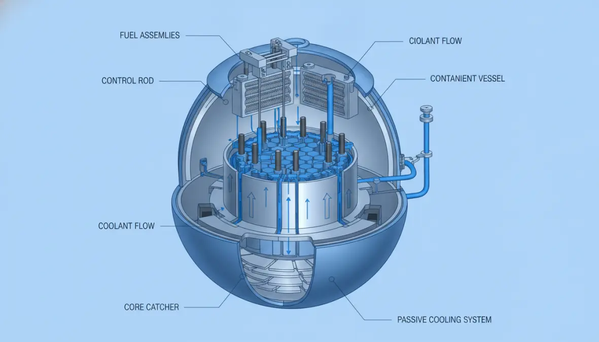 Technical diagram showing how small modular reactors work with internal components and safety systems