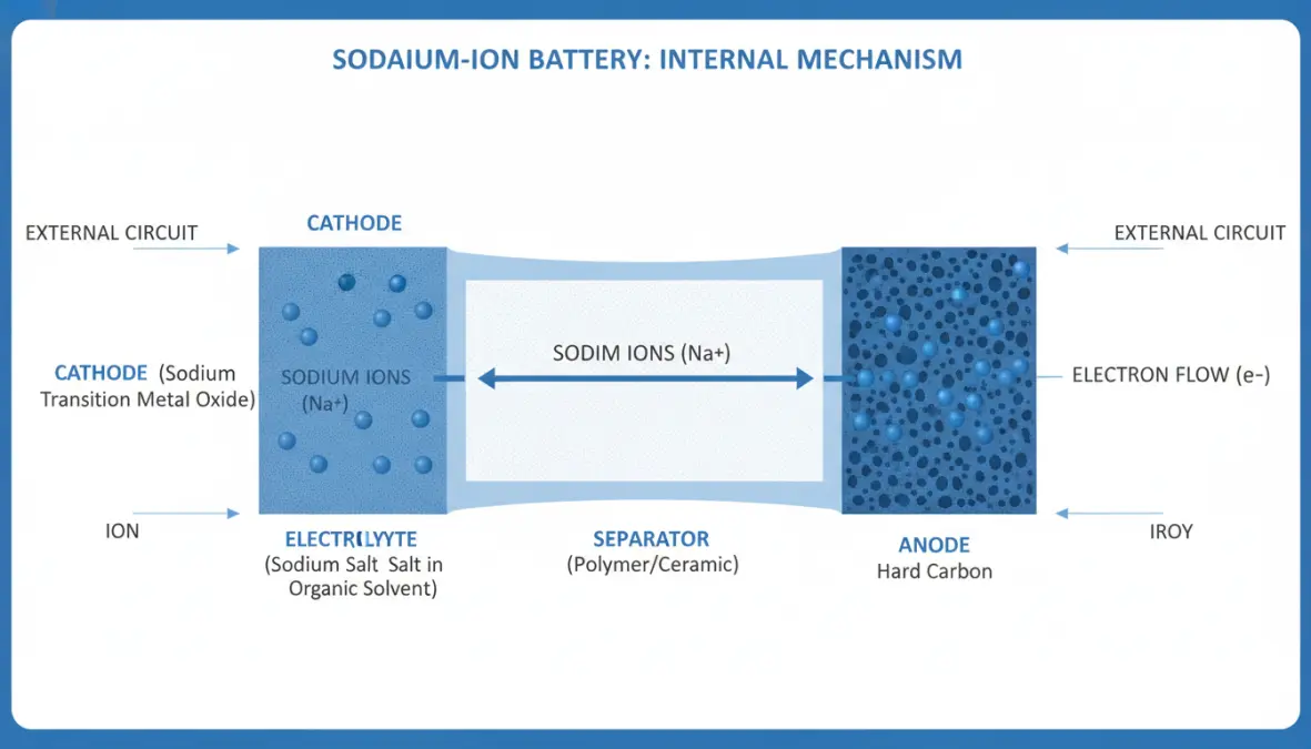 Sodium ion battery technology diagram showing internal components and ion exchange mechanism