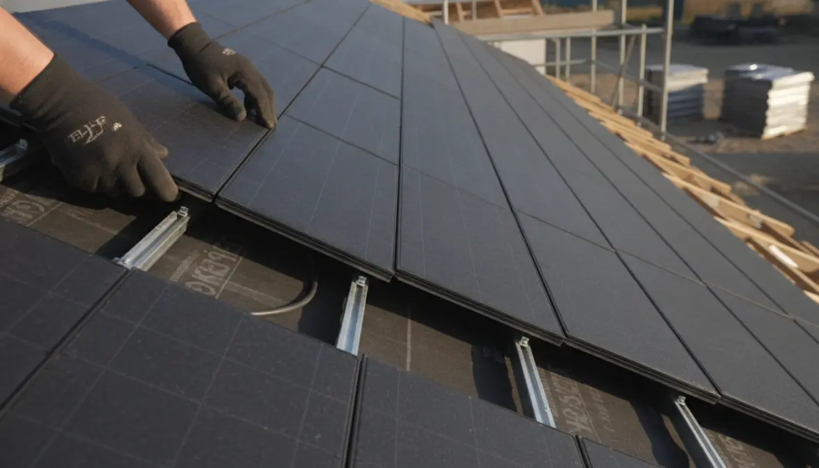 Professional installation of photovoltaic roof tiles showing detailed close-up of solar shingles