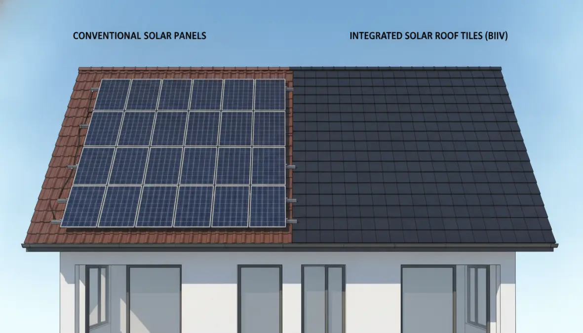 Comparison between traditional solar panels and integrated solar roof tiles on residential home