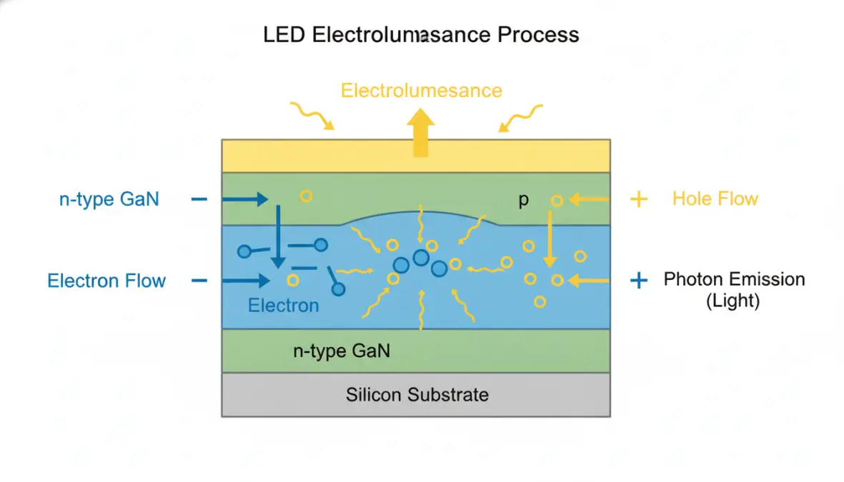 Diagram illustrating how solid state lighting works through electroluminescence in LED semiconductors