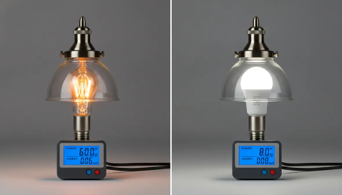 Energy efficiency comparison between traditional incandescent and LED solid state lighting technology