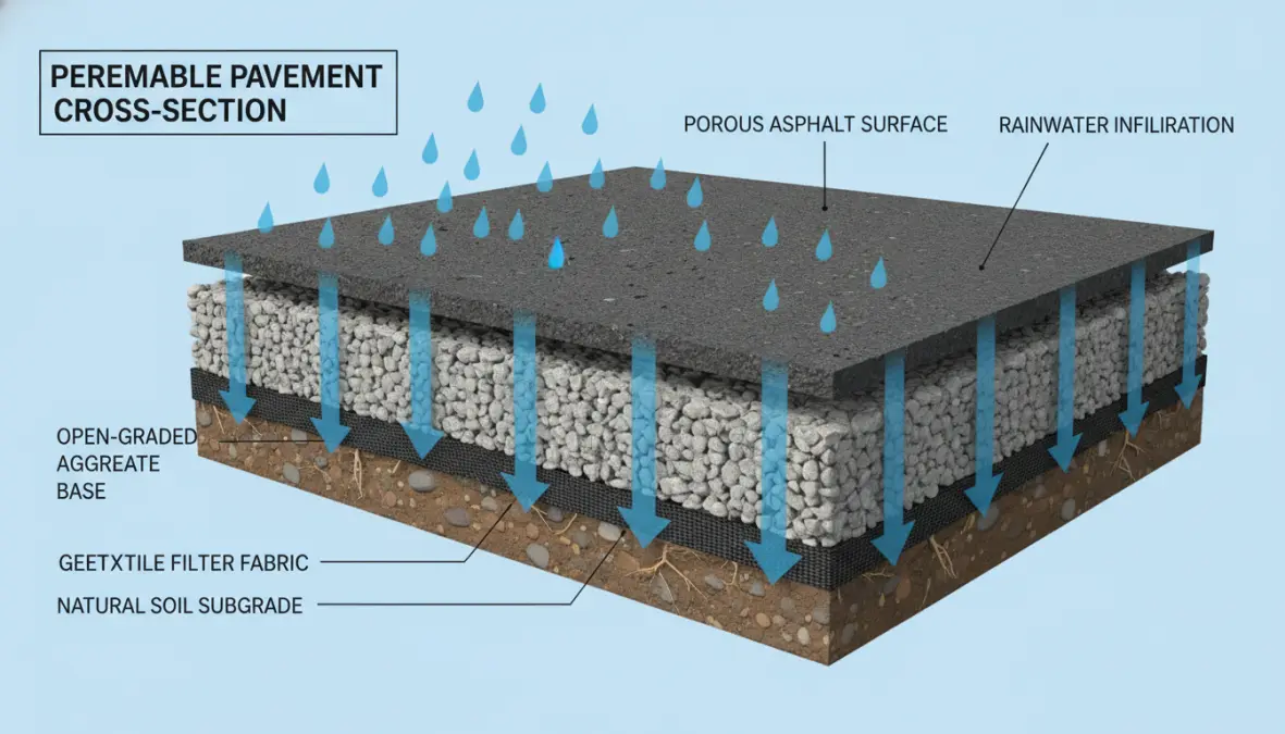Cross-section diagram of permeable pavement solutions showing water infiltration layers and sustainable urban drainage structure