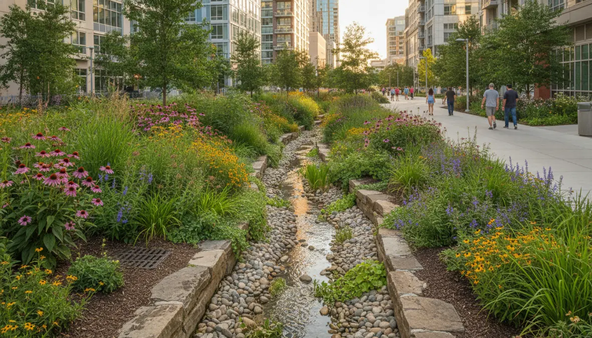 Urban bioswale design with native plants filtering stormwater naturally along city street as part of green infrastructure system