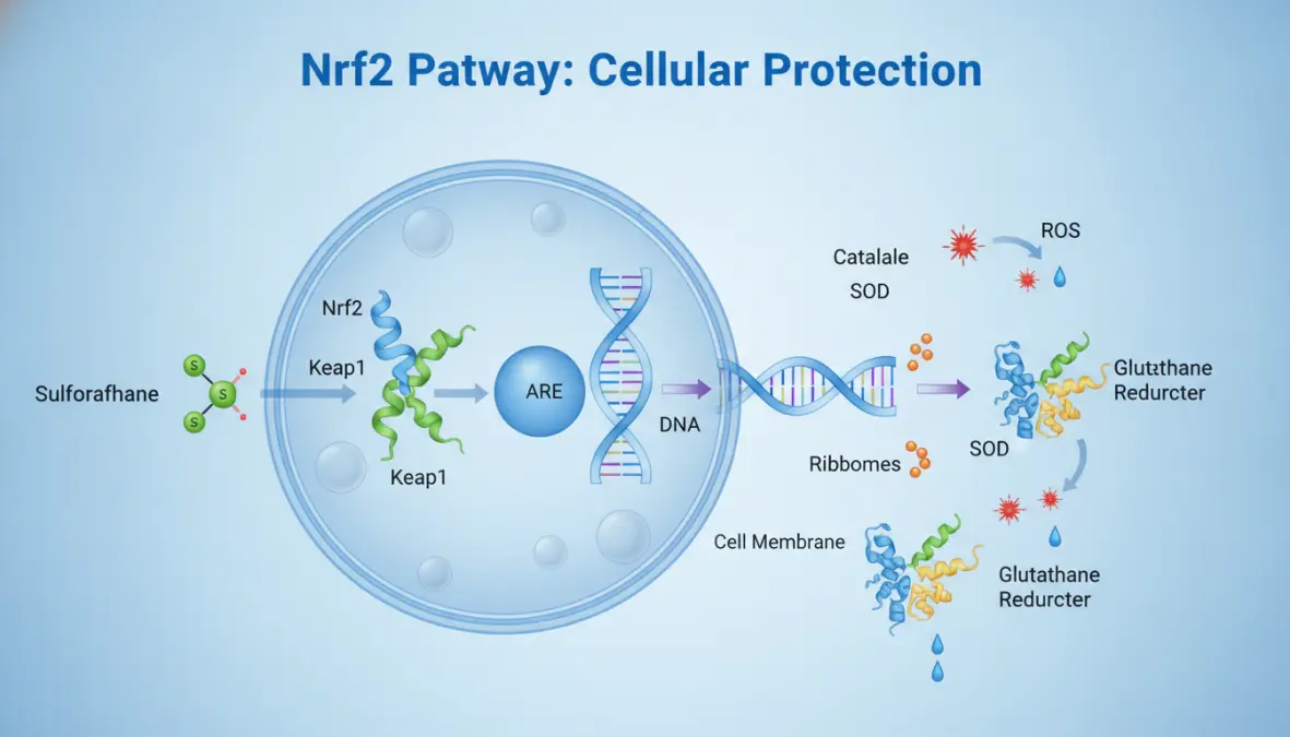 Nrf2 pathway activation by sulforaphane showing cellular defense and antioxidant production