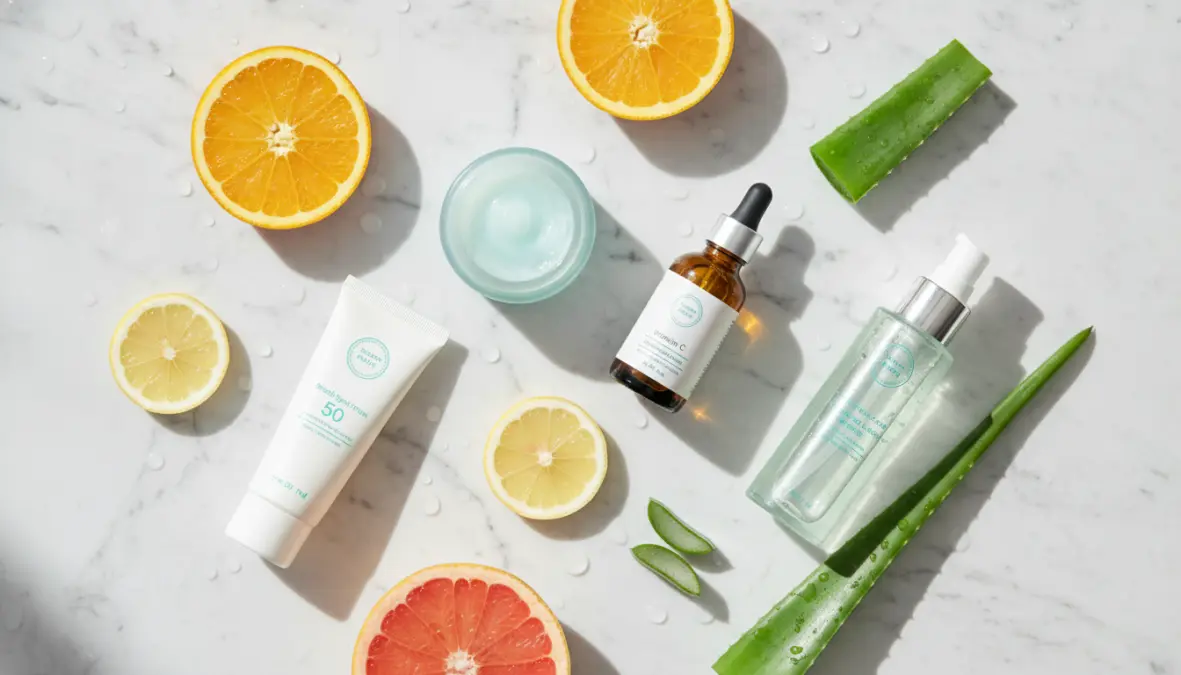 Best summer skincare products including lightweight moisturizer, SPF protection and hydrating serums arranged on marble surface