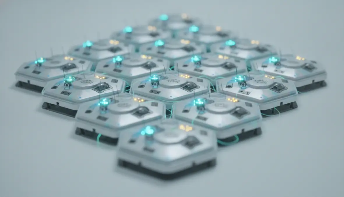 Swarm intelligence demonstration showing robot coordination and collective behavior through local interactions