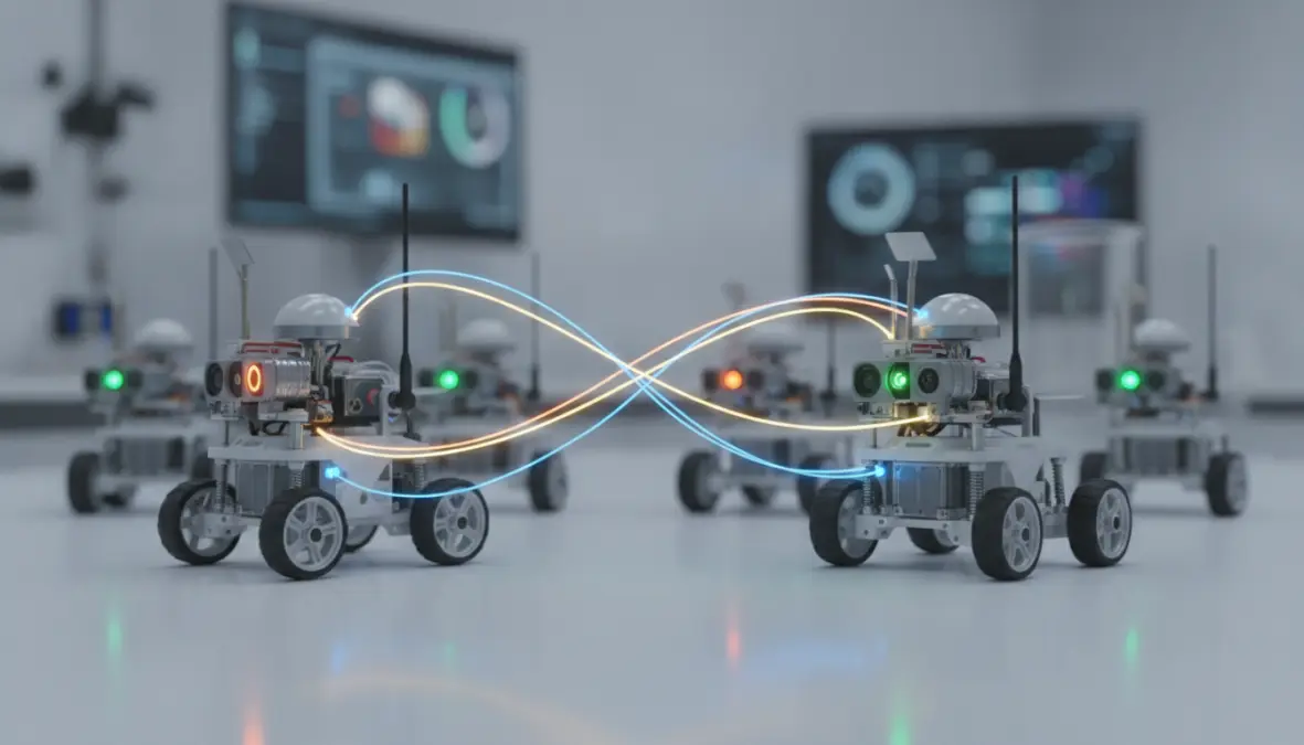 Swarm robots communicating wirelessly showing multi-robot systems coordination technology
