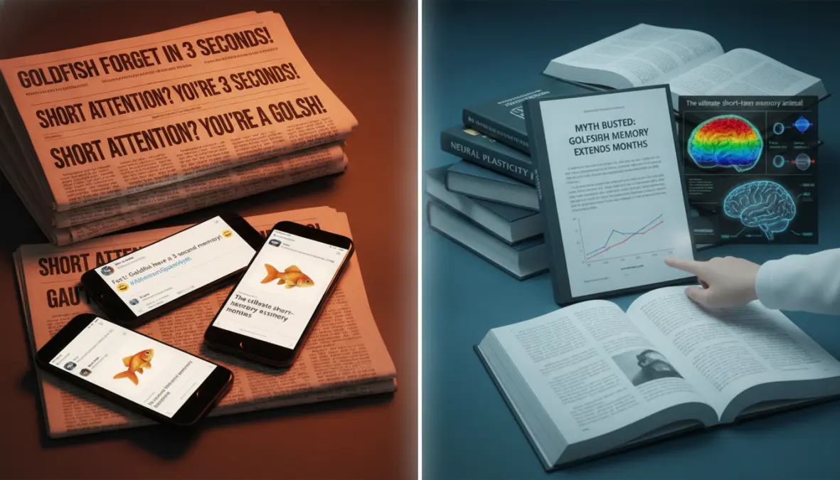 Visual contrast between viral attention span myth headlines and actual scientific research papers