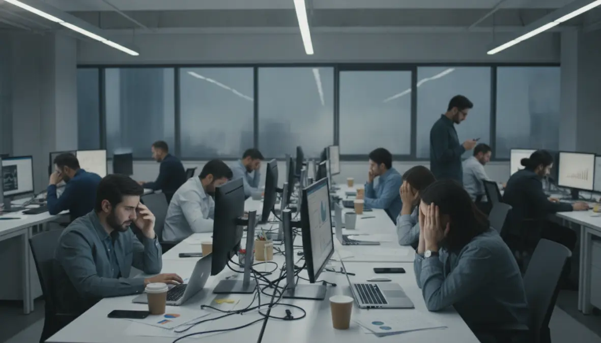 Millennial workers experiencing workplace exhaustion and burnout culture in modern office