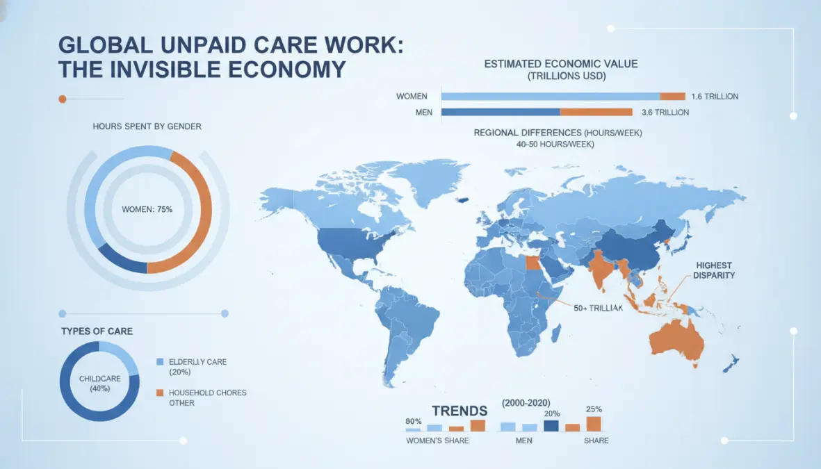 Care work statistics showing economic value of unpaid domestic work by gender globally