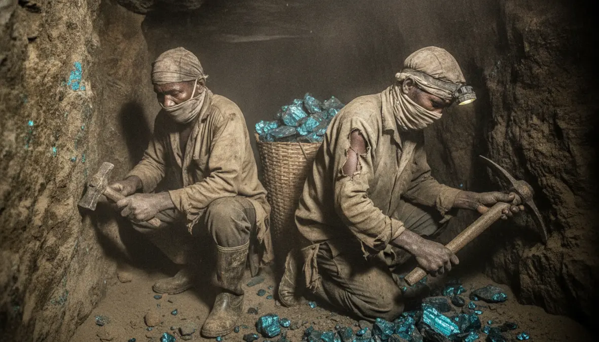 Artisanal cobalt miners in Congo working in hazardous conditions highlighting child labor and supply chain ethics issues