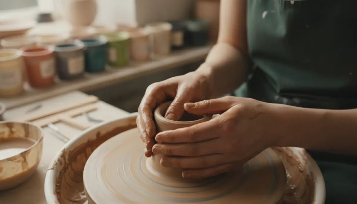 Young person learning traditional ceramics craft skills on pottery wheel in artisan workshop